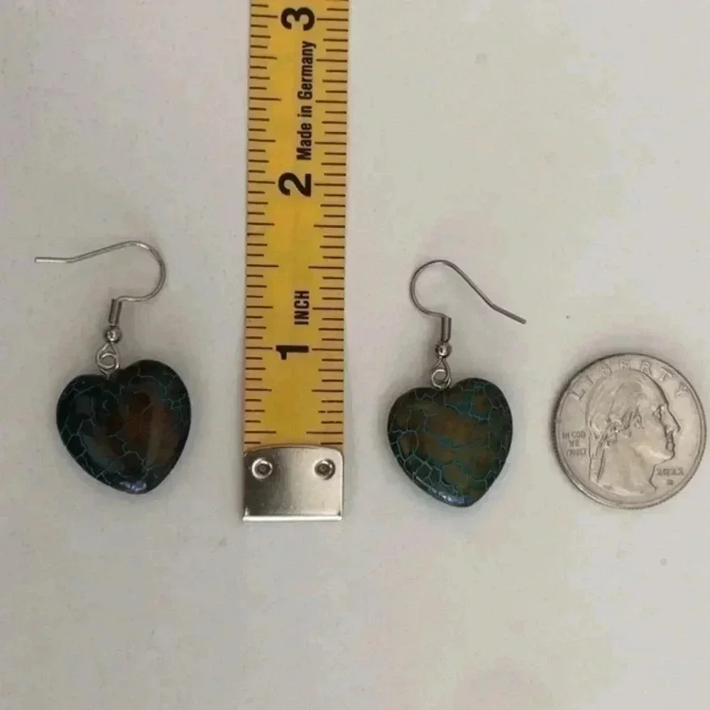 Brown & Blue Heart Dragon Vein Handmade Drop Earrings NWT - Picture 3 of 3